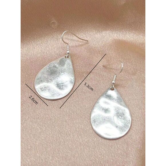 Silver Plated Teardrop Dangle Earrings Drop Hammered Pendant Retro Boho Casual - Picture 3 of 4